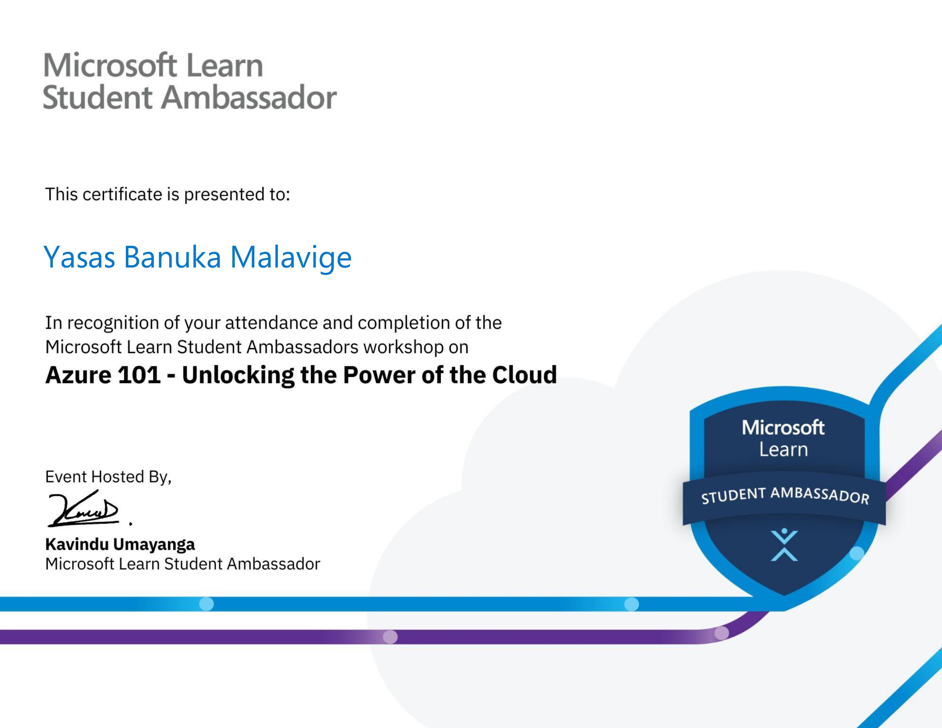 Azure 101 - Unlocking the Power of the Cloud Professional Certificate from Microsoft Learn Student Ambassadors, Sri Lanka