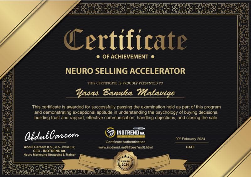 Neuro Selling Accelerator Certification Professional Certificate from Inotrend Int.