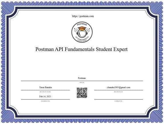 Postman API Fundamentals Student Expert Professional Certificate from Postman