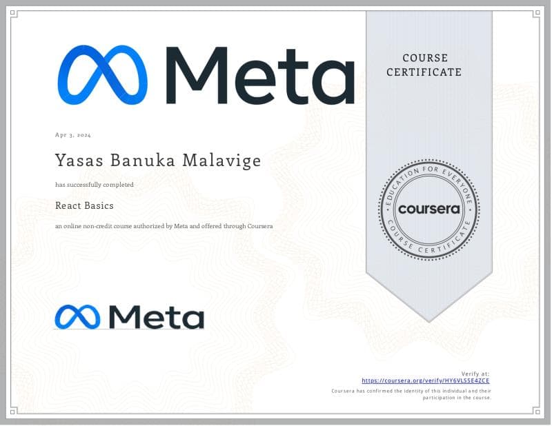 React Basics Professional Certificate from Meta