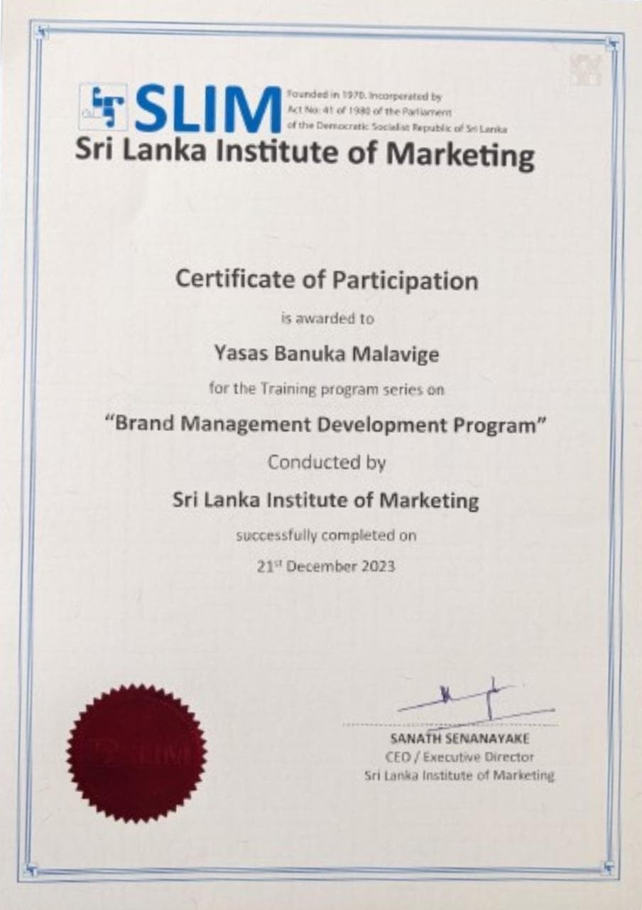 SLIM Brand Management Certificate Professional Certificate from Sri Lanka Institute of Marketing (SLIM)