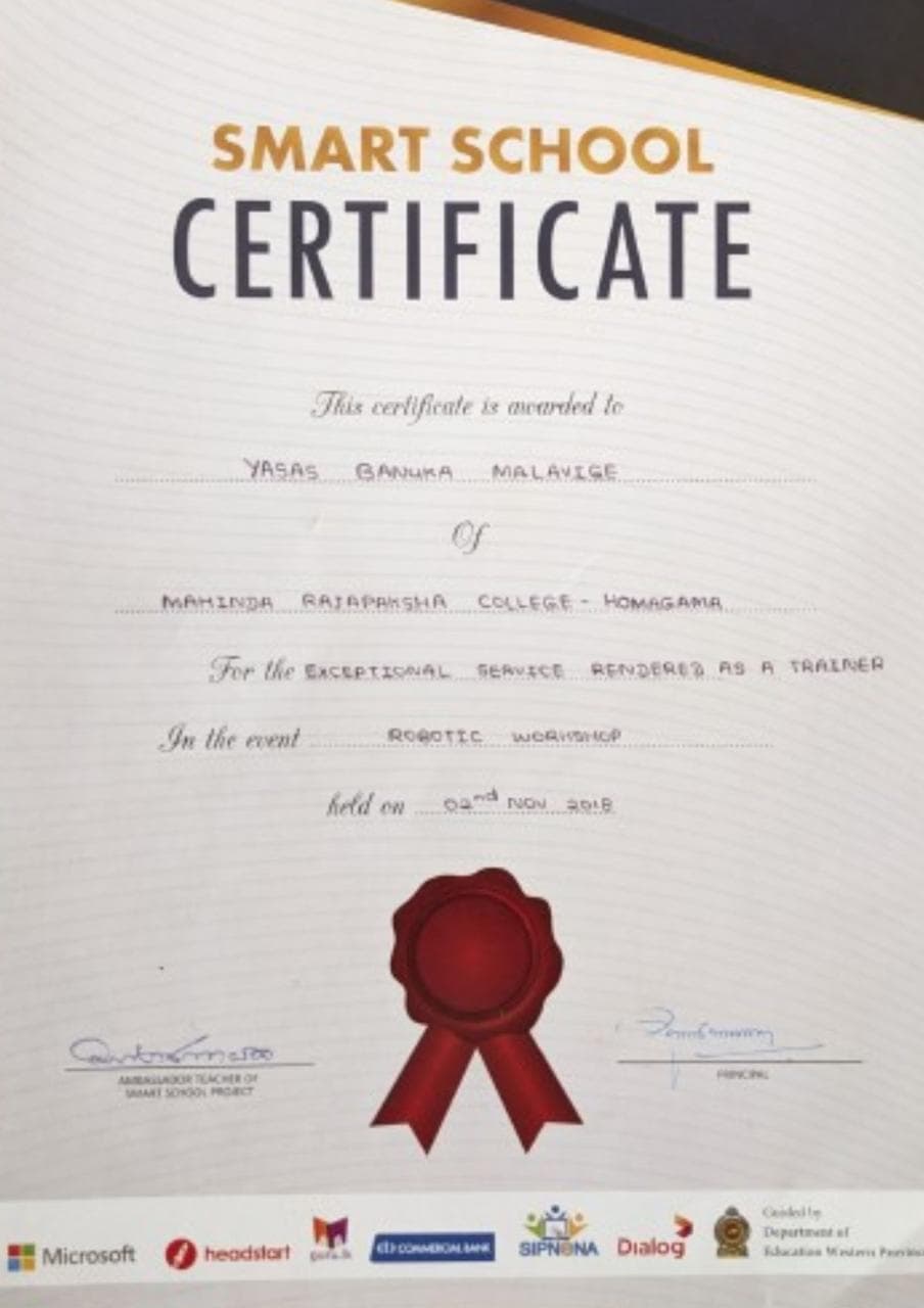 Smart School Certificate Professional Certificate from Ministry of Education - Sri Lanka