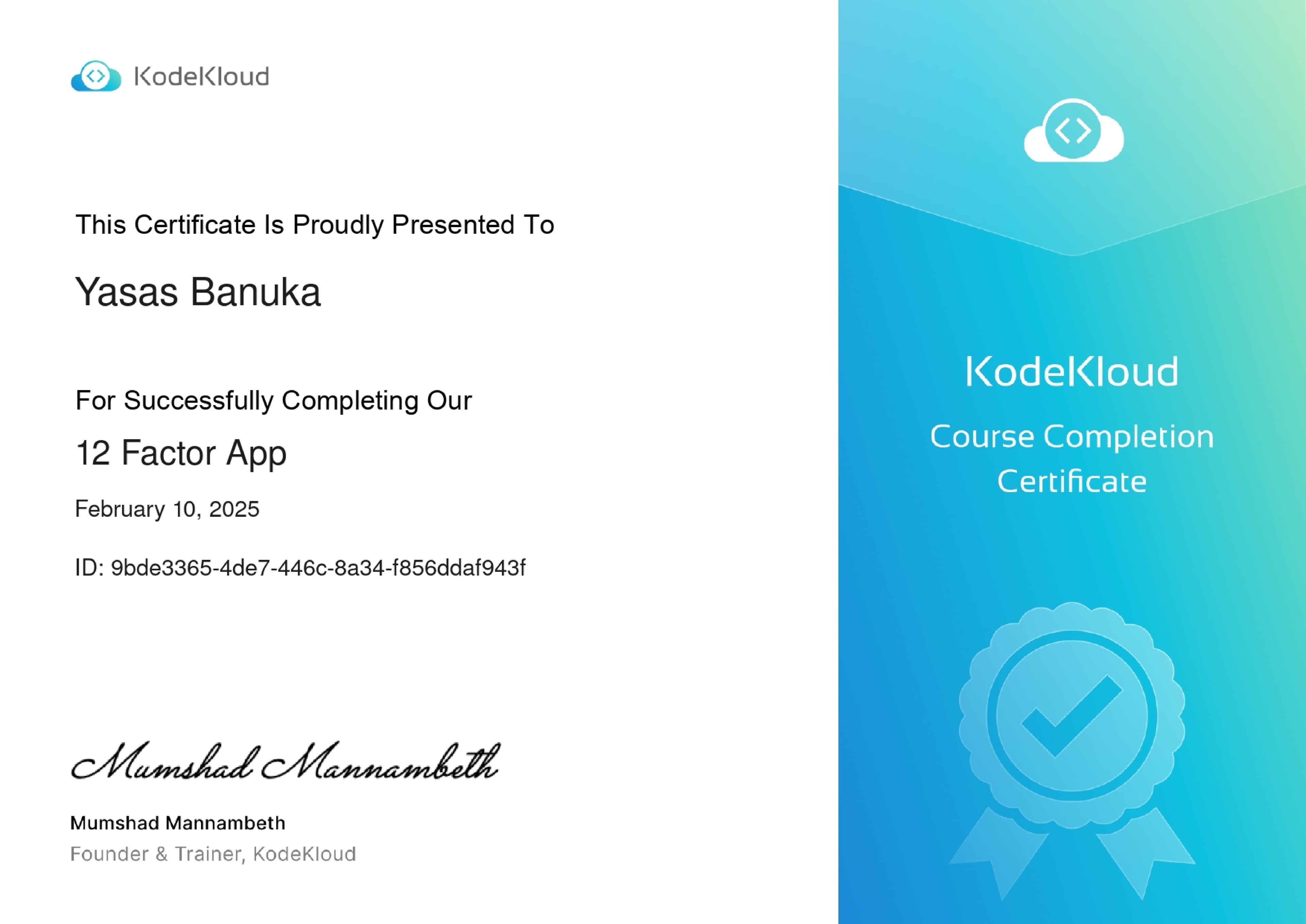 12 Factor App Professional Certificate from KodeKloud